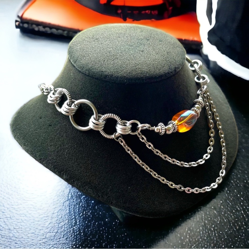 Handmade maille choker necklace orange aura crystal stainless steel chain boho
